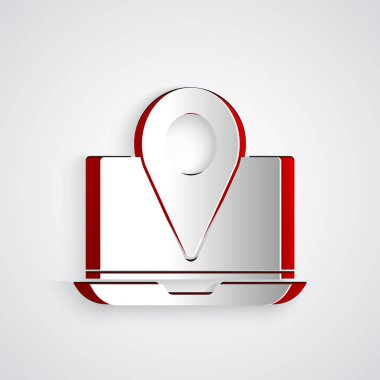 Gri arkaplanda konum imleci simgesi olan kağıt kesimi Laptop. Kağıt sanatı tarzı. Vektör İllüstrasyonu