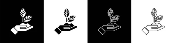 Set Plant Hand Environmental Protection Icon Isolated Black White Background — Stock Vector