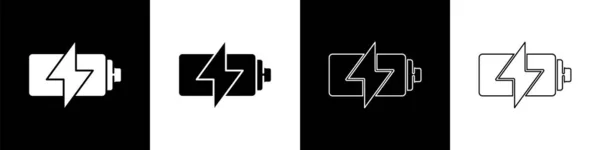 Impostare Icona Della Batteria Isolata Sfondo Bianco Nero Simbolo Fulmine — Vettoriale Stock