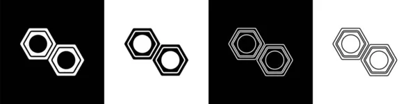 Set Icono Tuerca Metal Hexagonal Aislado Sobre Fondo Blanco Negro — Vector de stock