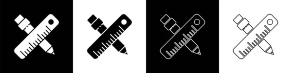 Setzen Sie Gekreuztes Lineal Und Bleistift Symbol Isoliert Auf Schwarzem — Stockvektor