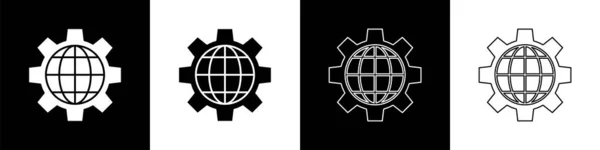 Set Globe Earth Tandwiel Tandradpictogram Geïsoleerd Zwart Wit Achtergrond Parameters — Stockvector