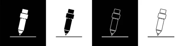 Setzen Sie Bleistift Mit Radiergummi Symbol Isoliert Auf Schwarz Weißem — Stockvektor