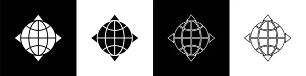 Set Weltkugel Mit Kompasssymbol Isoliert Auf Schwarzem Und Weißem Hintergrund — Stockvektor