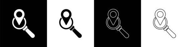 Set Search location icon isolated on black and white background. Magnifying glass with pointer sign. Vector Illustration