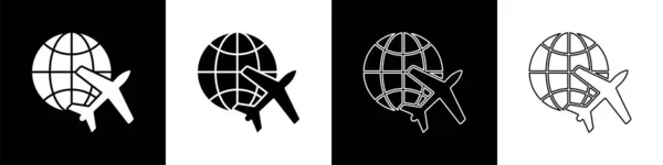 Set Globe Met Vliegend Vliegtuig Pictogram Geïsoleerd Zwart Wit Achtergrond — Stockvector