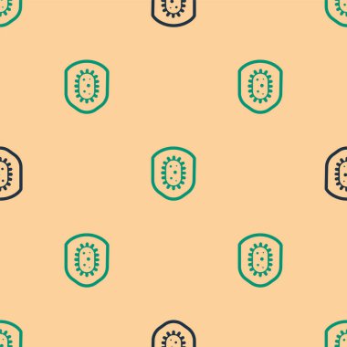 Yeşil ve siyah kalkan, virüslerden, mikroplardan ve bakteri ikonlarından korunuyor. Bej arka planda izole edilmiş bir iz var. Bağışıklık sistemi konsepti. Corona virüsü 2019-nCoV. Vektör İllüstrasyonu