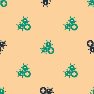 Yeşil ve siyah virüs ikonu bej arka planda izole edilmiş pürüzsüz desen. Corona virüsü 2019-nCoV. Bakteri ve mikroplar, hücre kanseri, mikrop, mantar. Vektör İllüstrasyonu