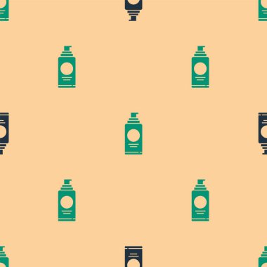 Saç spreyi için yeşil ve siyah sprey kutusu, deodorant, terleme önleyici ikon bej arka planda izole edilmiş dikişsiz desen. Vektör İllüstrasyonu