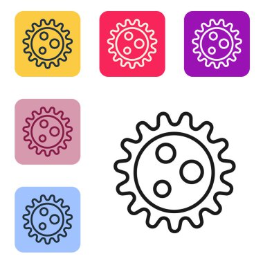 Siyah çizgi Virüs simgesi beyaz arkaplanda izole edildi. Corona virüsü 2019-nCoV. Bakteri ve mikroplar, hücre kanseri, mikrop, mantar. Renkli kare düğmelerle simgeleri ayarla. Vektör İllüstrasyonu