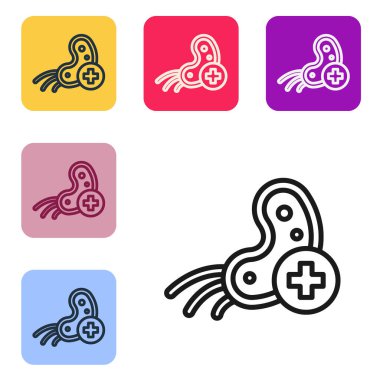 Siyah çizgi pozitif virüs ikonu beyaz arkaplanda izole edildi. Corona virüsü 2019-nCoV. Bakteri ve mikroplar, hücre kanseri, mikrop, mantar. Renkli kare düğmelerle simgeleri ayarla. Vektör İllüstrasyonu