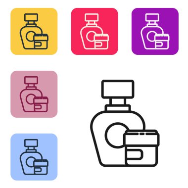 Beyaz arka planda siyah çizgi kremi ya da losyon kozmetik tüp ikonu izole edilmiş. Erkekler için vücut bakım ürünleri. Renkli kare düğmelerle simgeleri ayarla. Vektör İllüstrasyonu