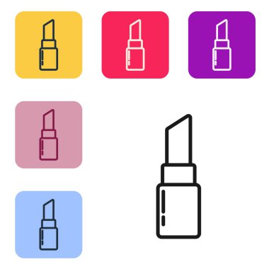 Siyah çizgi ruj simgesi beyaz arkaplanda izole edildi. 8 Mart. Uluslararası Mutlu Kadınlar Günü. Renkli kare düğmelerle simgeleri ayarla. Vektör İllüstrasyonu