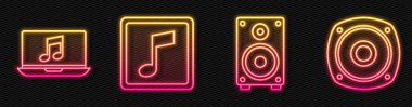 Stereo hoparlörünü ayarla, notalı dizüstü bilgisayar, müzik notası, ton ve Stereo hoparlörü. Parlayan neon ikonu. Vektör