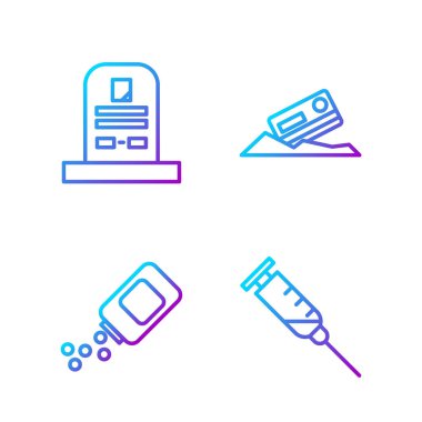 Şırınga, ilaç şişesi ve haplar, Rip yazılı Tombstone, kokain ve kredi kartı. Renk simgeleri. Vektör