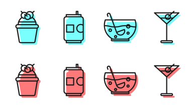 Cake, Cake, Beer Can ve Martini Glass Icon 'a karışık çizgi. Vektör