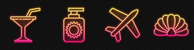 Uçak hattı, martini bardağı, güneş kremi şişesi ve deniz kabuğu. Parlayan neon ikonu. Vektör