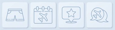 Çizgili yüzme şortları, yıldız, takvim, uçak ve uçakla konuşma baloncukları. Beyaz kare düğme. Vektör