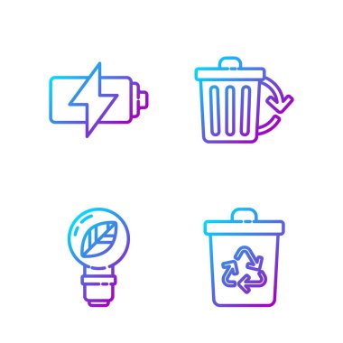 Geri dönüşüm kutusuyla geri dönüşüm kutusunu, yaprakla ampulü, pili ve geri dönüşüm kutusunu geri dönüşümle ayarla. Renk simgeleri. Vektör