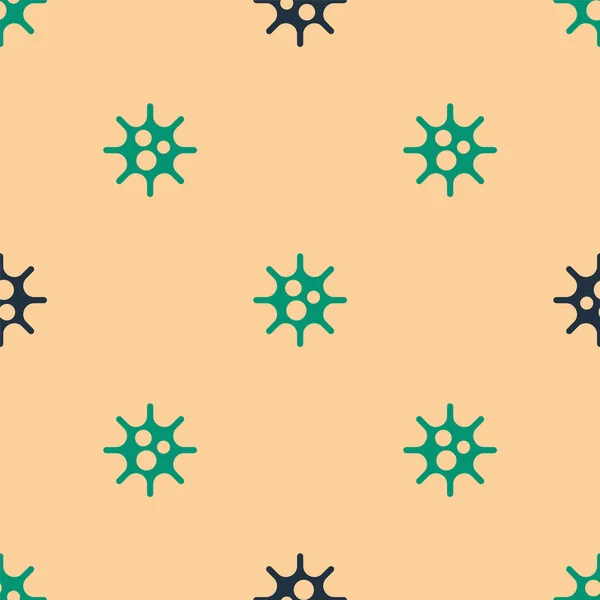 绿色和黑色病毒图标隔离无缝图案米色背景 Corona Virus 2019 Ncov 细菌和细菌 细胞癌 微生物 病媒图解 — 图库矢量图片