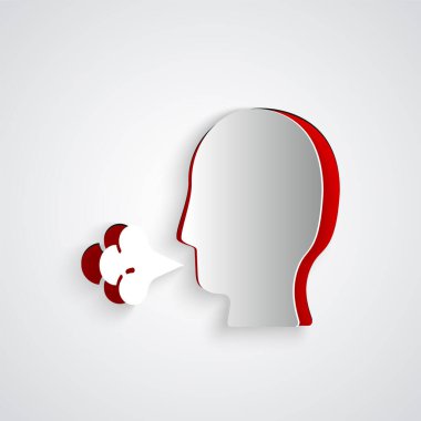 Kağıt kesiği öksürük ikonu gri arka planda izole edilmiş. Viral enfeksiyon, grip, grip, soğuk algınlığı semptomları. Tüberküloz, kabakulak, boğmaca. Kağıt sanatı tarzı. Vektör İllüstrasyonu.