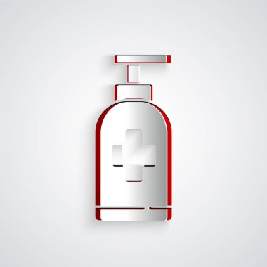 Kağıt kesiği sıvı antibakteriyel sabun şişesi ve gri arkaplanda izole edilmiş şeker ikonu. Antiseptik. Dezenfeksiyon, hijyen, cilt bakımı. Kağıt sanatı tarzı. Vektör İllüstrasyonu