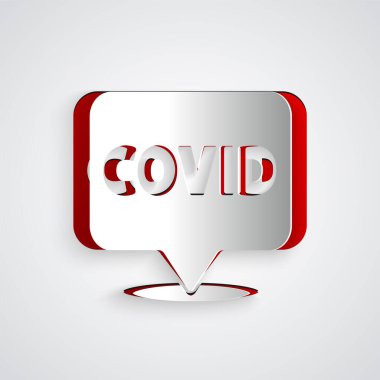 Kağıt, gri arkaplanda izole edilmiş konum ikonunda Corona virüsü covid-19 'u kesti. Bakteri ve mikroplar, hücre kanseri, mikrop, mantar. Kağıt sanatı tarzı. Vektör İllüstrasyonu