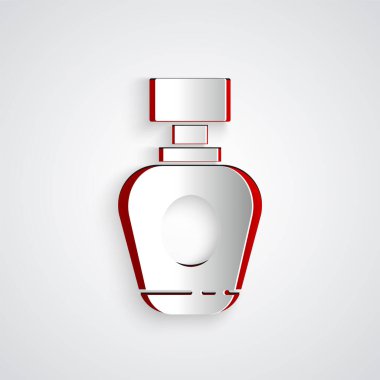 Kağıt kesiği Parfüm simgesi gri arkaplanda izole edilmiş. Kağıt sanatı tarzı. Vektör İllüstrasyonu