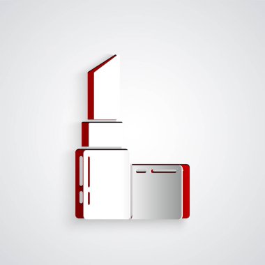 Kağıt kesiği ruj simgesi gri arkaplanda izole edilmiş. 8 Mart. Uluslararası Mutlu Kadınlar Günü. Kağıt sanatı tarzı. Vektör İllüstrasyonu