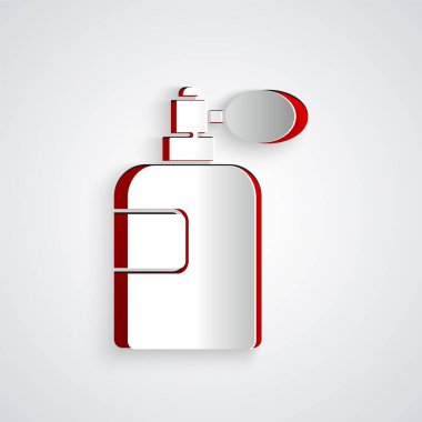 Kağıt kesiği Parfüm simgesi gri arkaplanda izole edilmiş. Kağıt sanatı tarzı. Vektör İllüstrasyonu