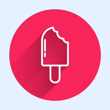 Uzun gölgeli beyaz çizgi dondurma ikonu. Güzel sembol. Kırmızı daire düğmesi. Vektör İllüstrasyonu