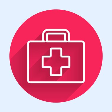 Beyaz çizgi ilk yardım çantası simgesi uzun gölgeli izole edildi. Haçlı sağlık kutusu. Acil durumlar için tıbbi ekipman. Sağlık sigortası konsepti. Kırmızı daire düğmesi. Vektör İllüstrasyonu