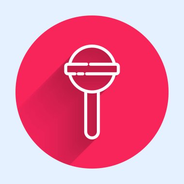 Beyaz çizgi lolipop ikonu uzun gölgeli izole edilmiş. Yemek, lezzetli bir sembol. Kırmızı daire düğmesi. Vektör İllüstrasyonu