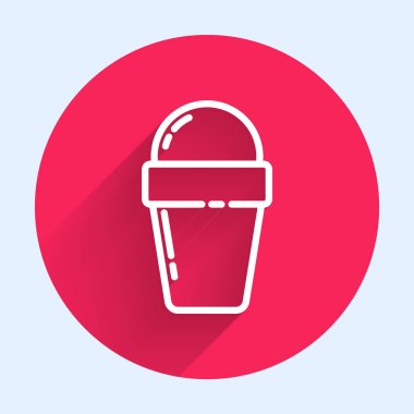 Krep külahında beyaz çizgi dondurma uzun gölgeli izole edilmiş. Güzel sembol. Kırmızı daire düğmesi. Vektör İllüstrasyonu