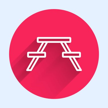 Masa simgesinin her iki tarafında uzun gölgeli beyaz çizgi piknik masası. Kırmızı daire düğmesi. Vektör İllüstrasyonu