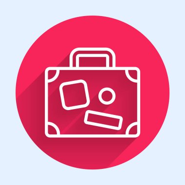 Seyahat simgesi için beyaz bavul uzun gölgeli izole edilmiş. Seyahat bagaj tabelası. Seyahat bagaj ikonu. Kırmızı daire düğmesi. Vektör İllüstrasyonu