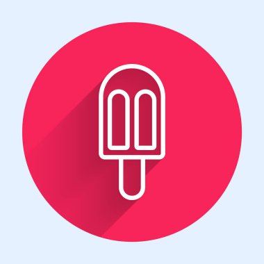 Uzun gölgeli beyaz çizgi dondurma ikonu. Güzel sembol. Kırmızı daire düğmesi. Vektör İllüstrasyonu