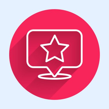 Yıldız simgesiyle izole edilmiş uzun gölgeli beyaz çizgi haritası. Yıldız favori iğne haritası simgesi. Harita işaretleyicileri. Kırmızı daire düğmesi. Vektör İllüstrasyonu