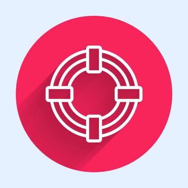 Beyaz çizgi Lifebuoy simgesi uzun gölgeli izole edilmiş. Hayat kurtaran yüzen can simidi plaj için, kurtarma kemeri insanları kurtarmak için. Kırmızı daire düğmesi. Vektör İllüstrasyonu