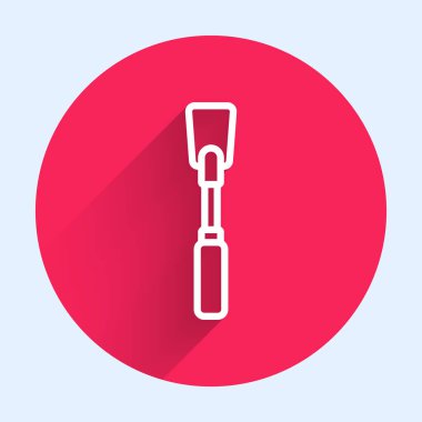 Uzun gölgeli beyaz çizgili deri kamçı ikonu. Fetiş aksesuarı. Yetişkinler için seks oyuncağı. Kırmızı daire düğmesi. Vektör İllüstrasyonu