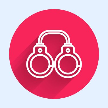 Beyaz çizgi seksi tüylü kelepçe ikonu uzun gölgeli izole edilmiş. Fetiş aksesuarı. Sadist ve mazoşist için seks dükkanı malzemeleri. Kırmızı daire düğmesi. Vektör İllüstrasyonu