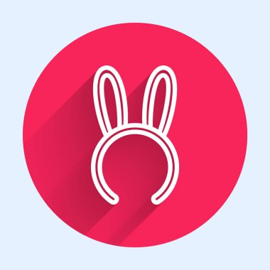 Uzun tavşan kulaklı beyaz maske uzun gölgeli izole edilmiş ikon. Fetiş aksesuarı. Yetişkinler için seks oyuncağı. Kırmızı daire düğmesi. Vektör İllüstrasyonu