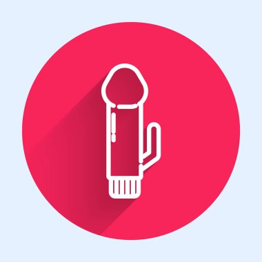 White line Dildo vibrator for sex games icon isolated with long shadow. Sex toy for adult. Vaginal exercise machines for intimate. Red circle button. Vector Illustration
