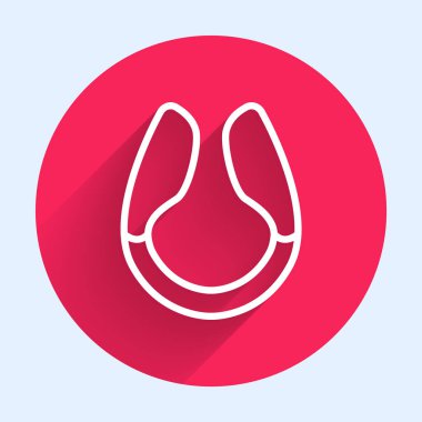 White line Dildo vibrator for sex games icon isolated with long shadow. Sex toy for adult. Vaginal exercise machines for intimate. Red circle button. Vector Illustration