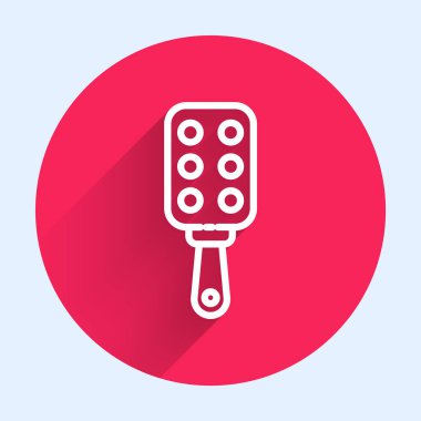 Beyaz çizgi şaplak raket simgesi uzun gölgeli izole edilmiş. Fetiş aksesuarı. Yetişkinler için seks oyuncağı. Kırmızı daire düğmesi. Vektör İllüstrasyonu