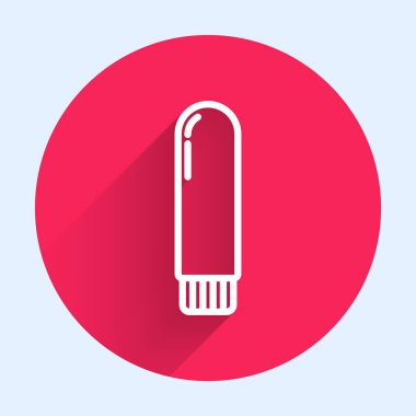 White line Dildo vibrator for sex games icon isolated with long shadow. Sex toy for adult. Vaginal exercise machines for intimate. Red circle button. Vector Illustration