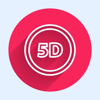 Beyaz çizgi 5D sanal gerçeklik simgesi uzun gölgeli izole edilmiş. Büyük üç boyutlu bir logo. Kırmızı daire düğmesi. Vektör İllüstrasyonu
