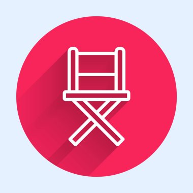 Beyaz çizgi yönetmeni uzun gölgeli film koltuğu ikonu. Film endüstrisi. Kırmızı daire düğmesi. Vektör İllüstrasyonu