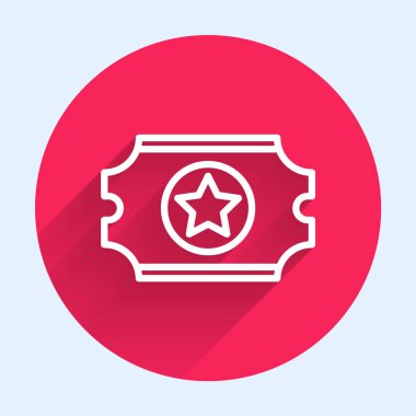 Beyaz çizgi sinema bileti ikonu uzun gölgeli izole edilmiş. Kırmızı daire düğmesi. Vektör İllüstrasyonu