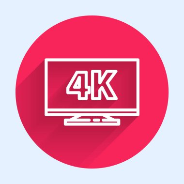 4k Ultra HD video teknolojisi ikonuna sahip beyaz çizgi ekran televizyon uzun gölgeyle izole edildi. Kırmızı daire düğmesi. Vektör İllüstrasyonu